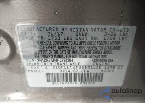 2017 Nissan Versa 1.6 Sv z USA, uszkodzony, nr VIN 3N1CN7AP4HL898204